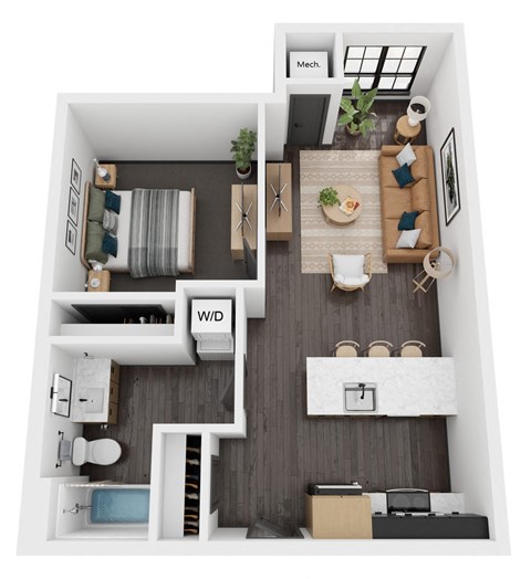 Floor plan for 1 bed, 1 bath, 644 sqft